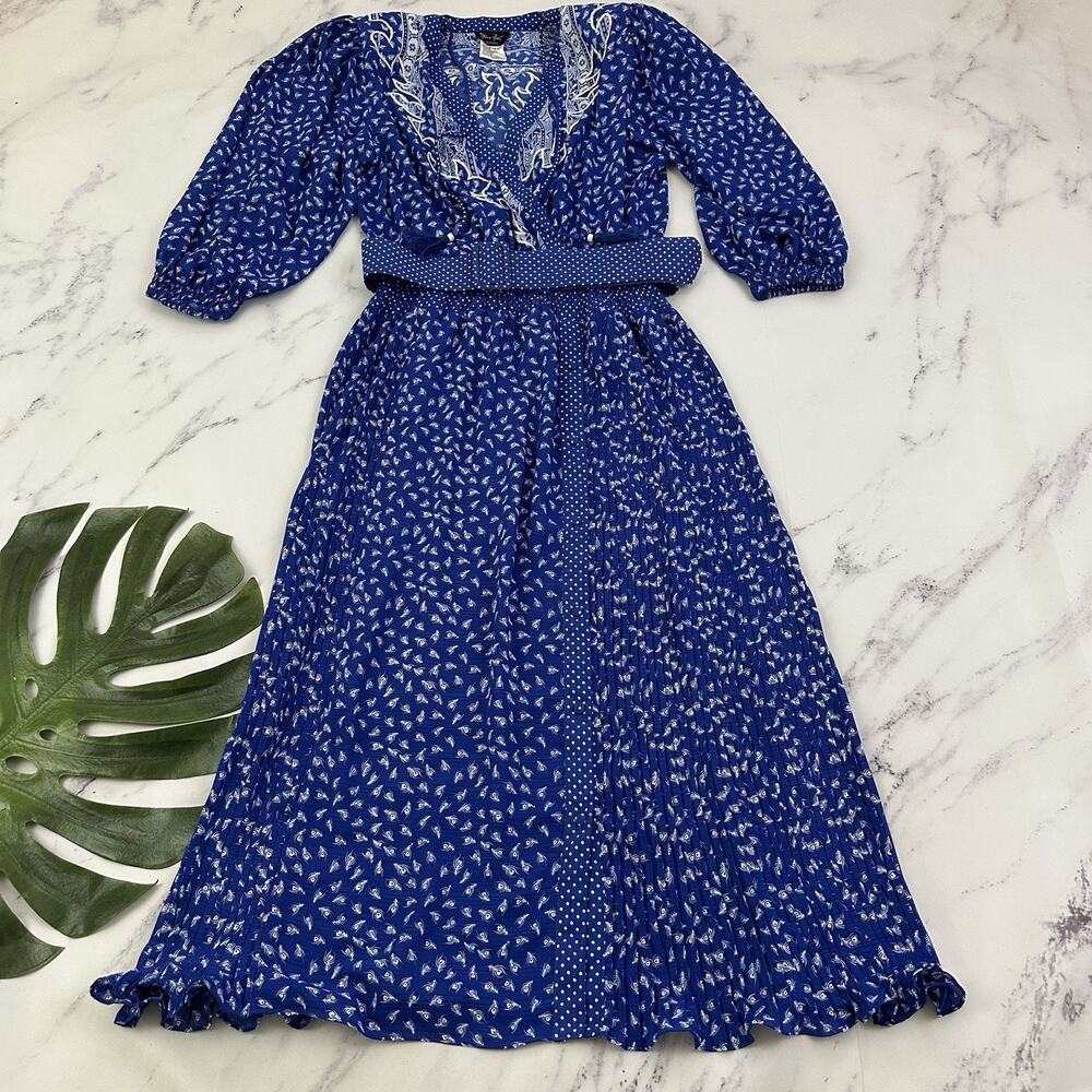Diane Freis Womens Vintage 80s Dress Size L Blue White Embroidered Floral Pleats